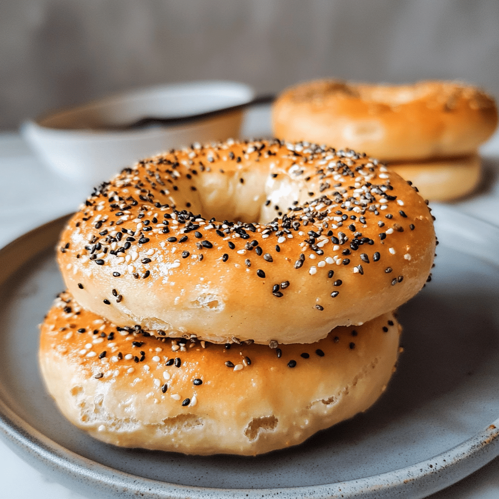 stacked protein bagels topped with everything seasoning