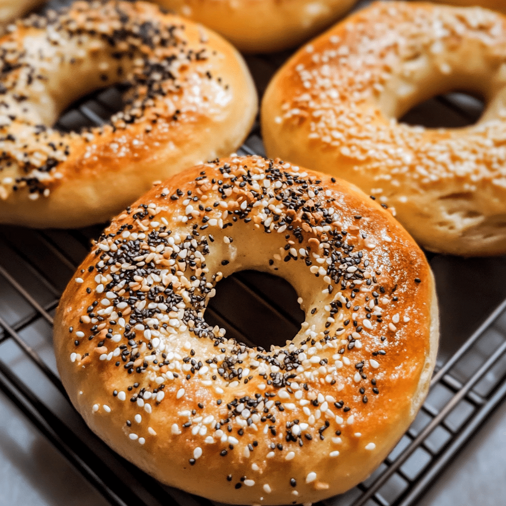 freshly baked protein bagels with sesame and chia seeds
