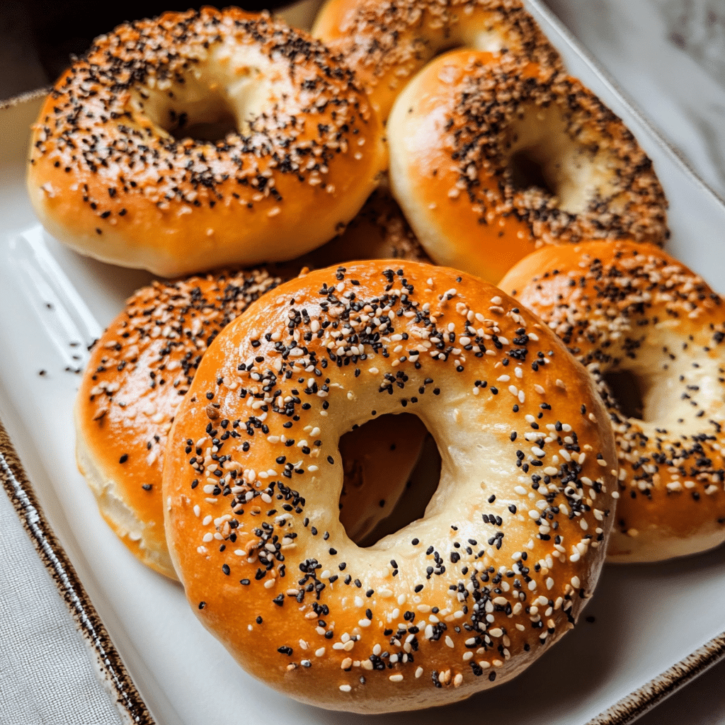 golden protein bagels with everything seasoning on serving tray